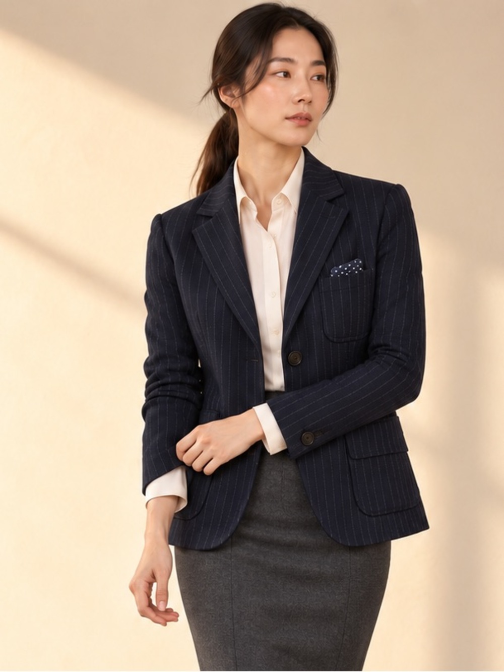 Weekend Max Mara Navy Grey Pinstripe Wool Blazer Pocket Square Sz 6